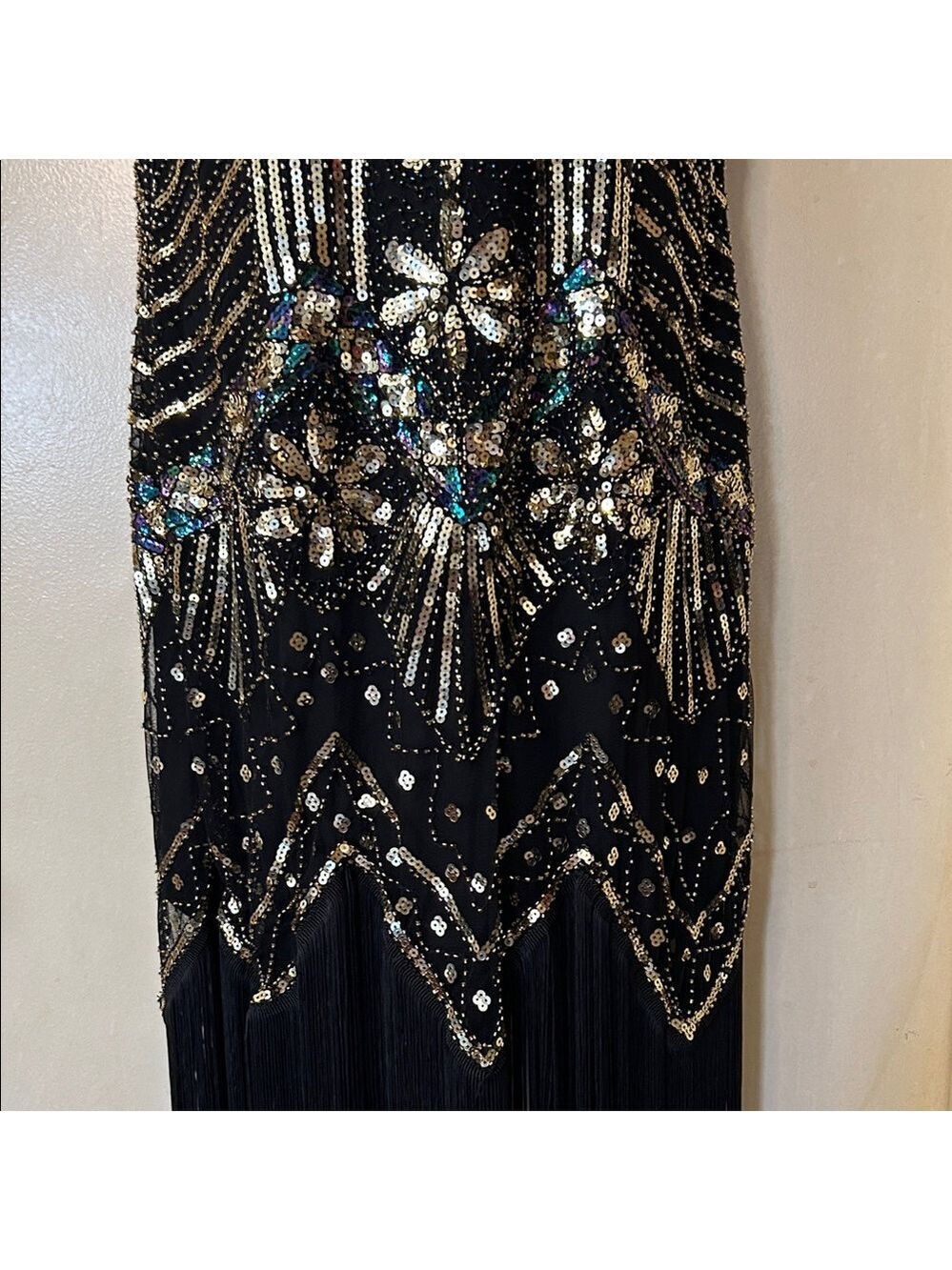Black and Gold Beaded Fringe V-Neck Flapper Dress size M - Picture 5 of 12